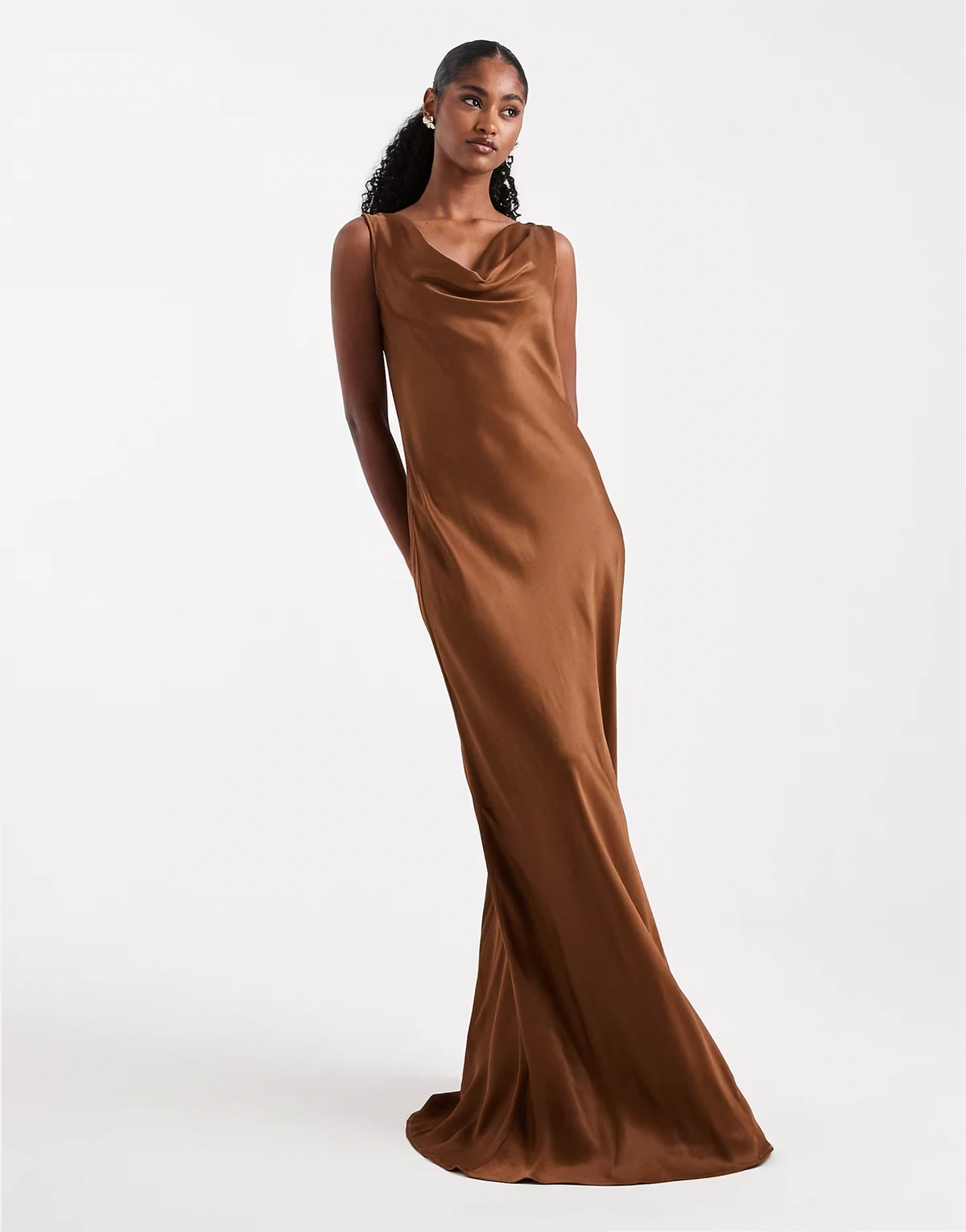 Bridesmaid cowl front maxi dress in chocolate