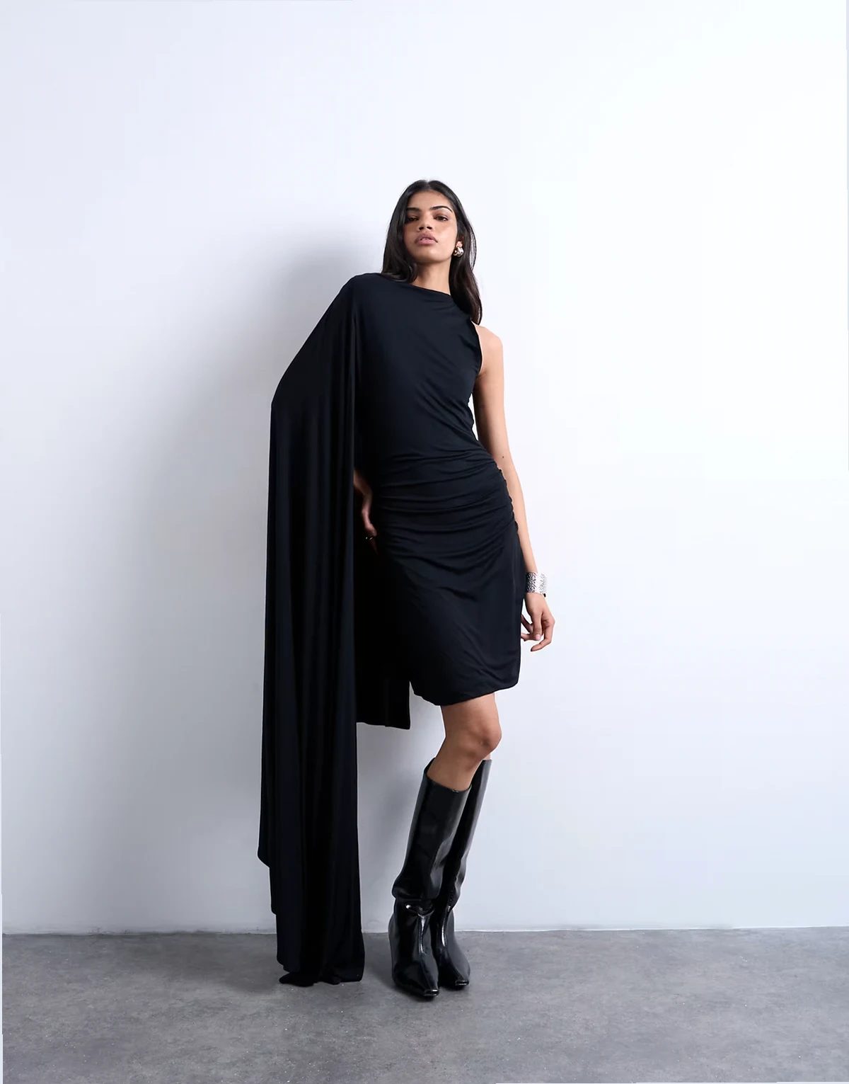 cape detail midi dress in black