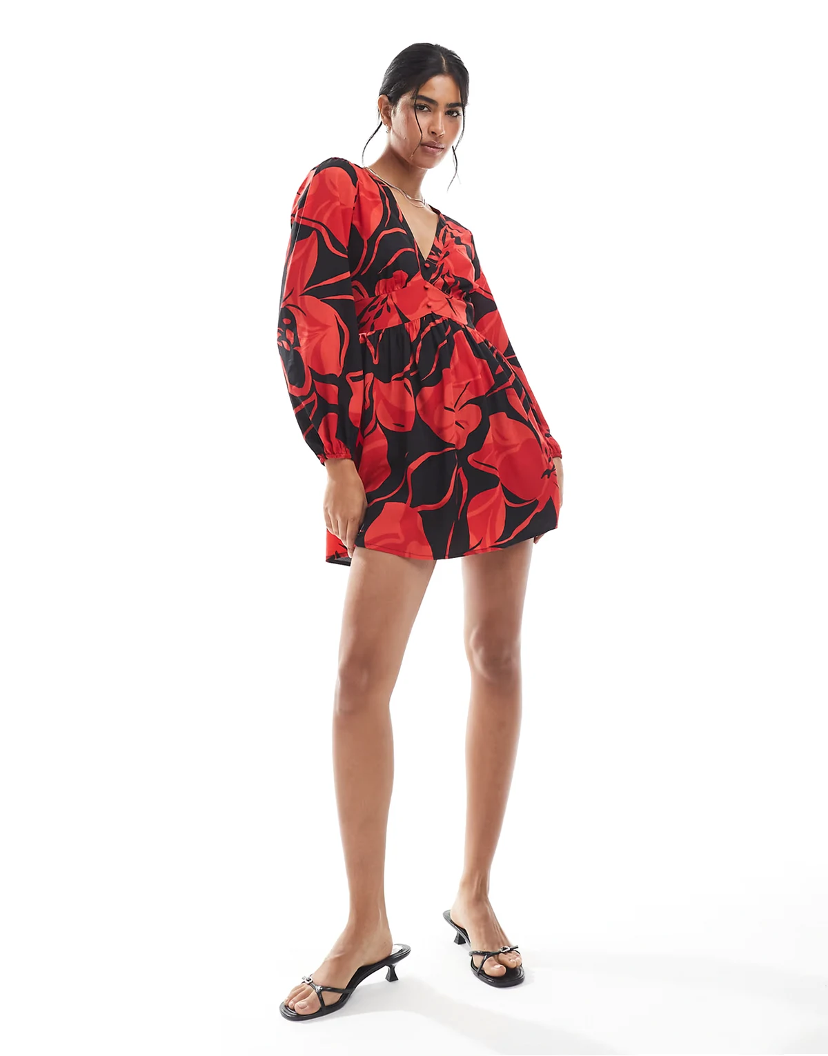 bold bloom V-neck mini dress in red and black
