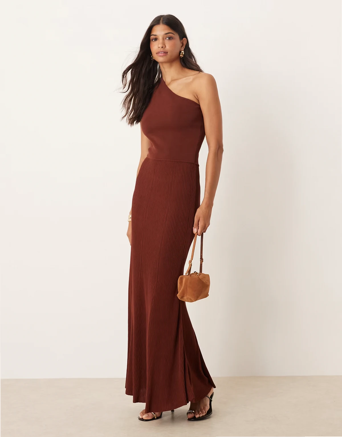 – Maxi-Strickkleid in Burgunderrot mit One-Shoulder-Träger