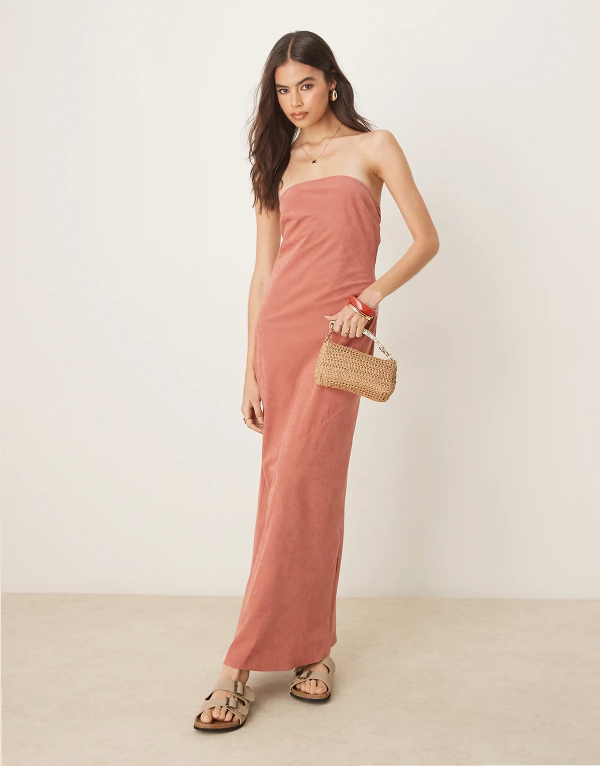 ASOS DESIGN Tall – Sukienka maxi z dekoltem bandeau w kolorze terakoty