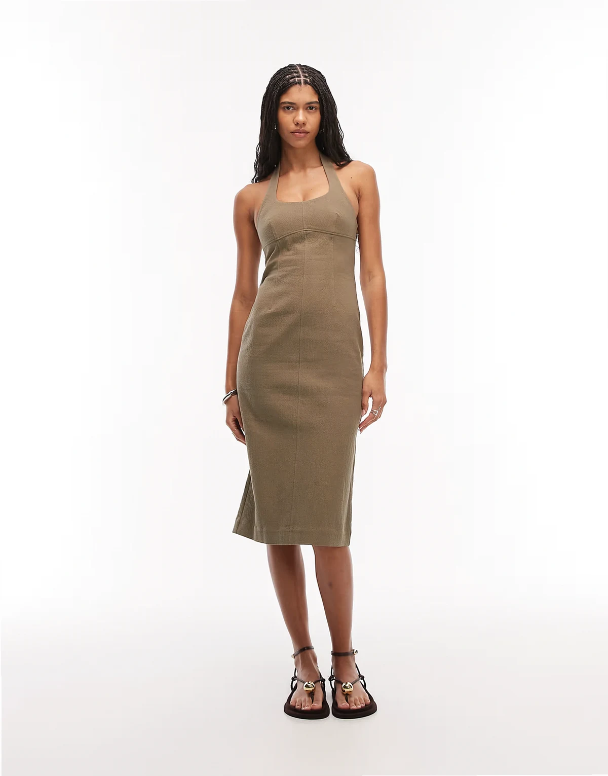 – Neckholder-Midikleid in dunklem Khaki