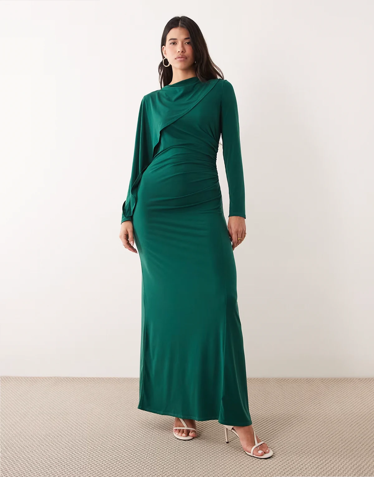 slinky cape detail maxi dress in pine green