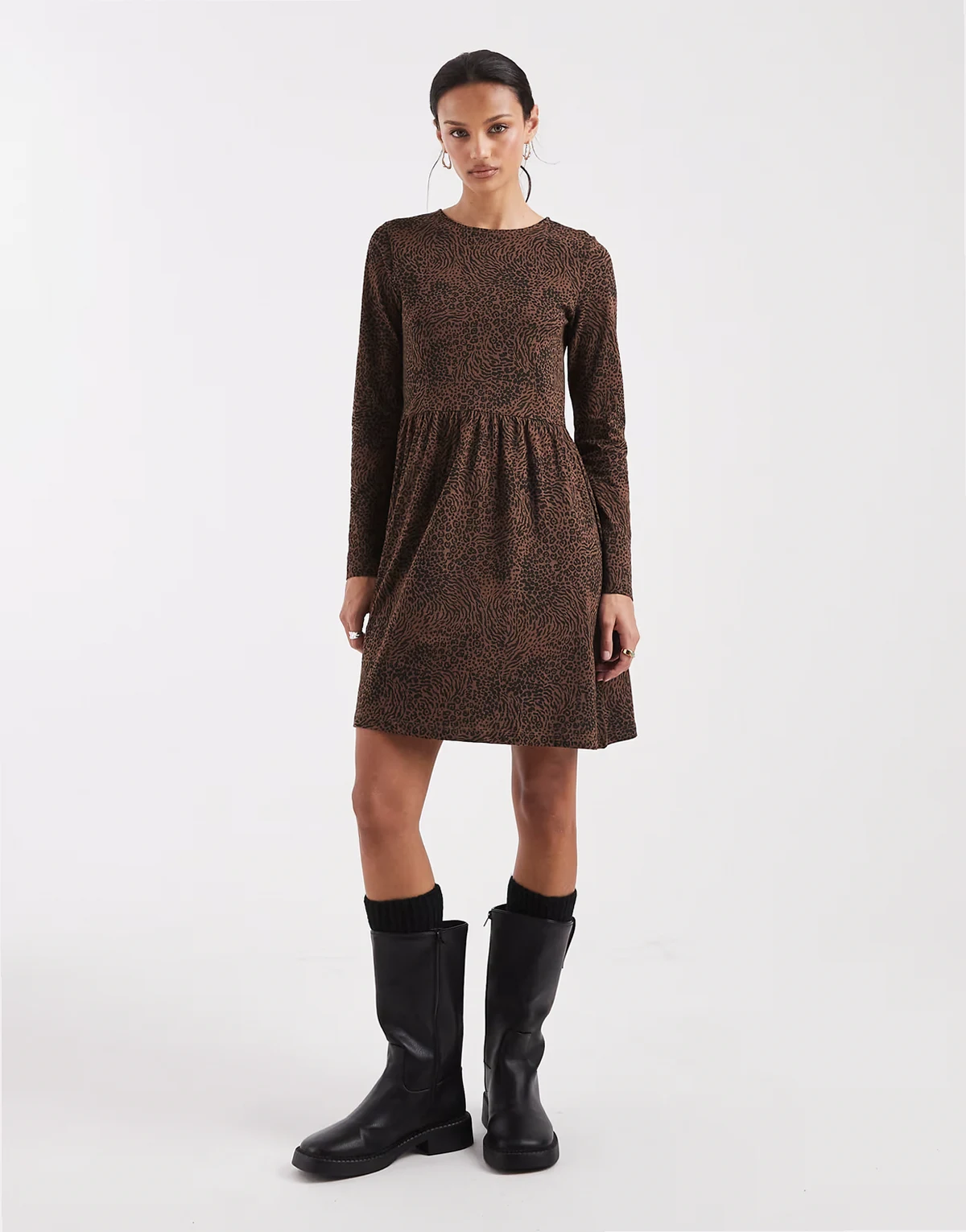 drop waist jersey mini dress in black and brown animal print