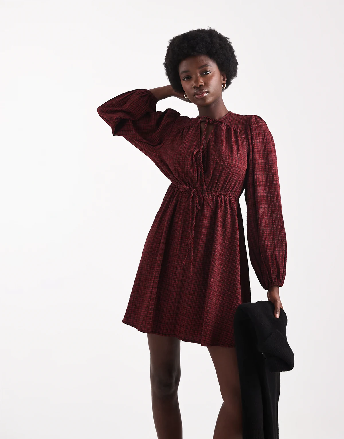 textured plaid tie detail mini dress in red