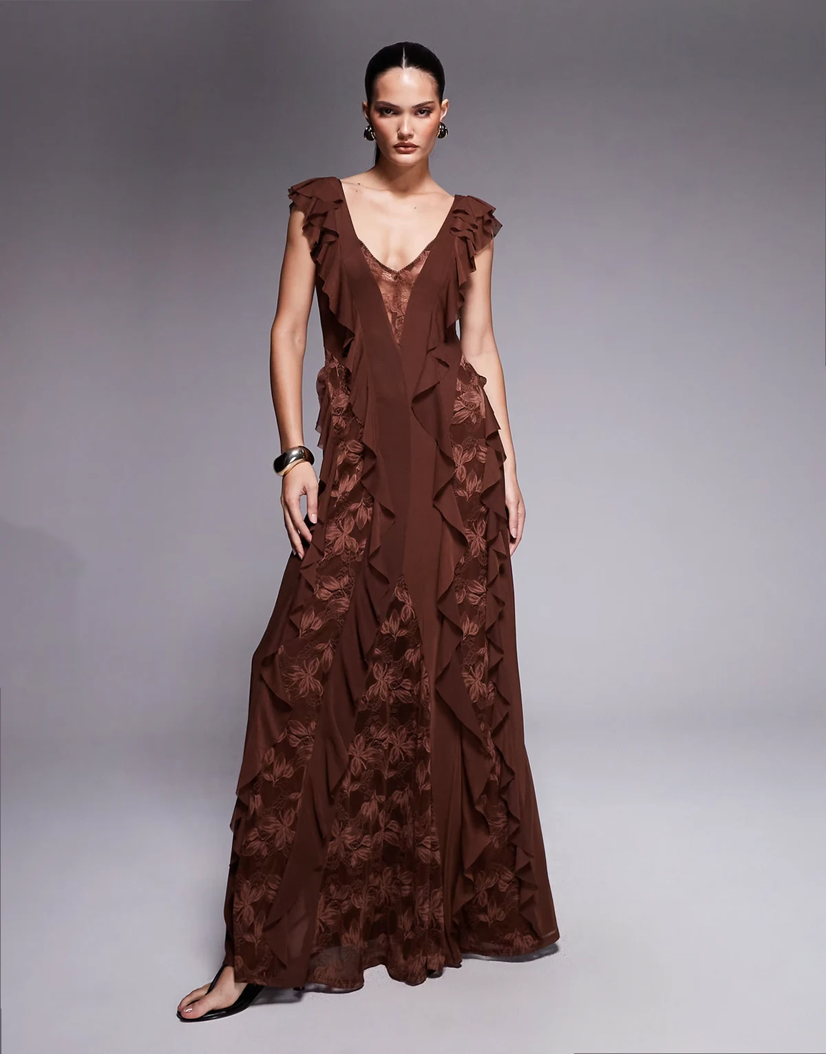 Trista lace insert ruffle maxi dress in cappuccino