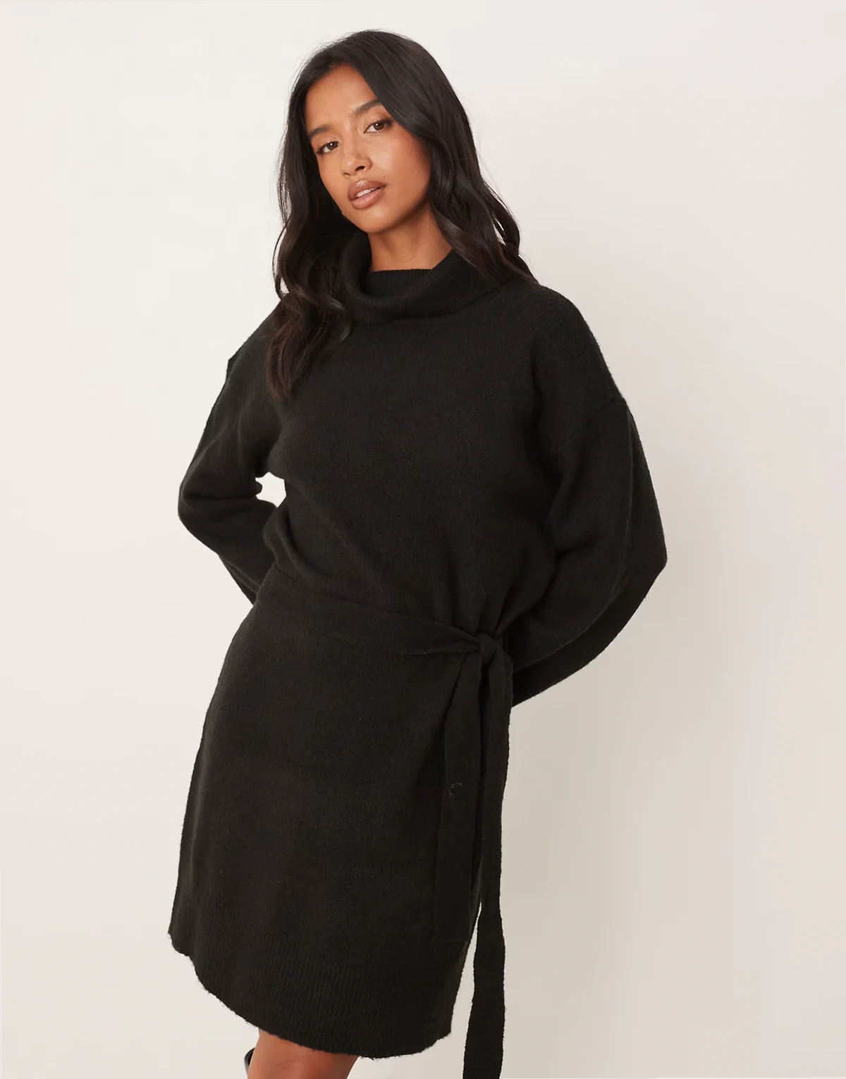 tie waist high neck knit mini dress in black