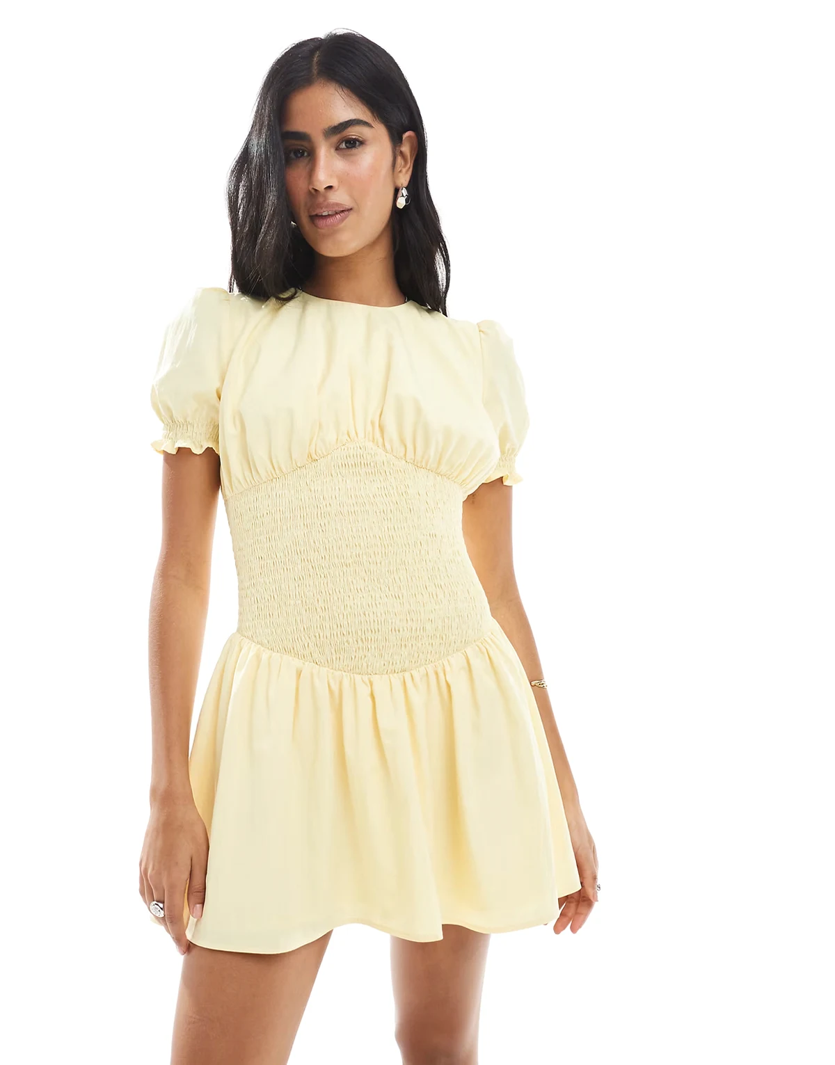 shirred waist short sleeve mini skater dress in yellow