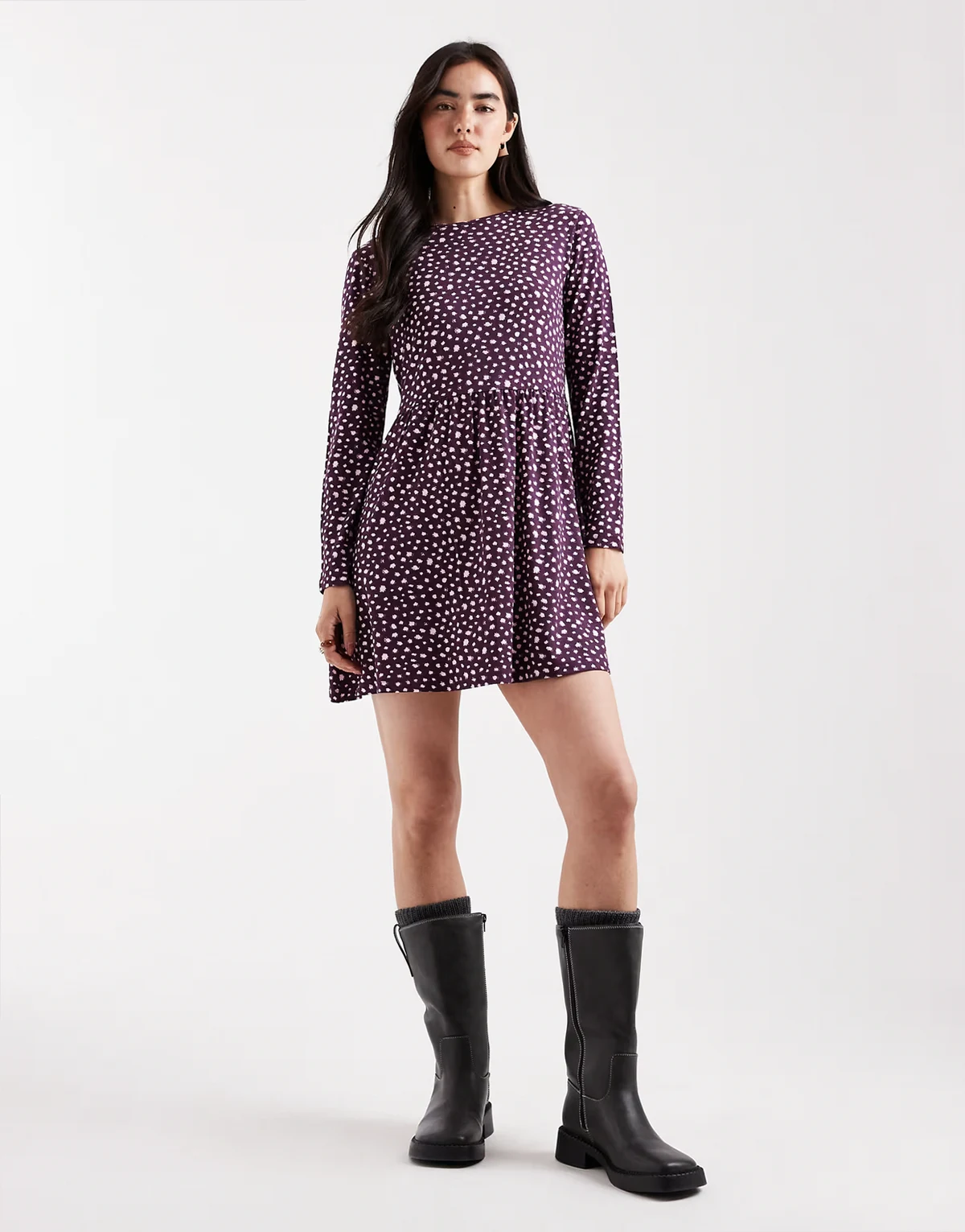 long sleeve smudge spot mini dress in plum pink