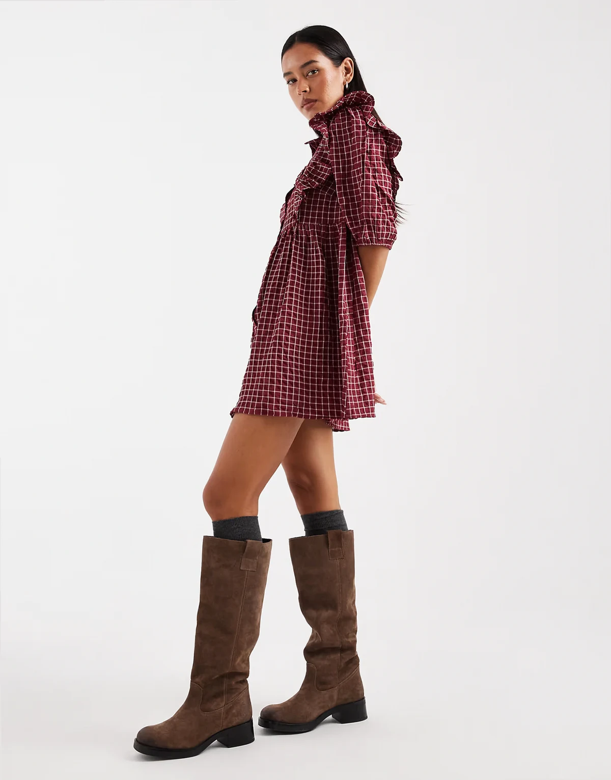 plaid ruffle detail mini smock dress in dark red
