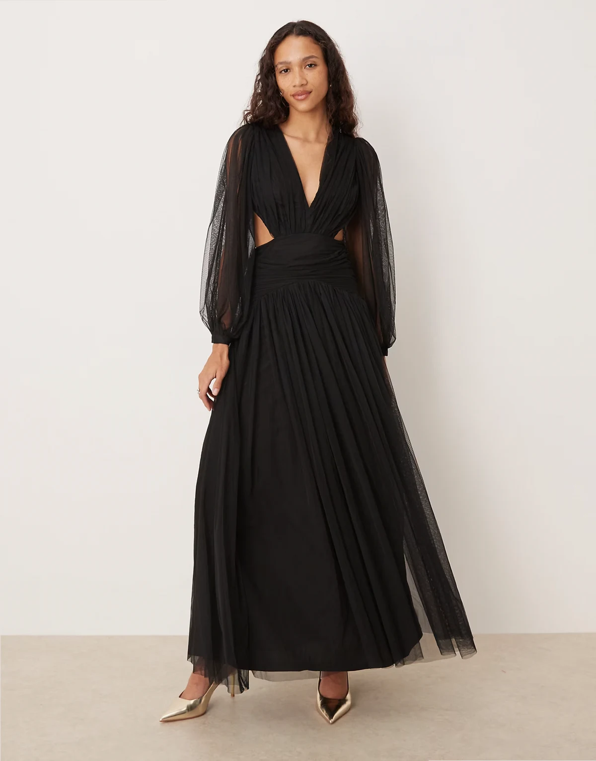 plunge neck dropped hem tulle maxi dress in black