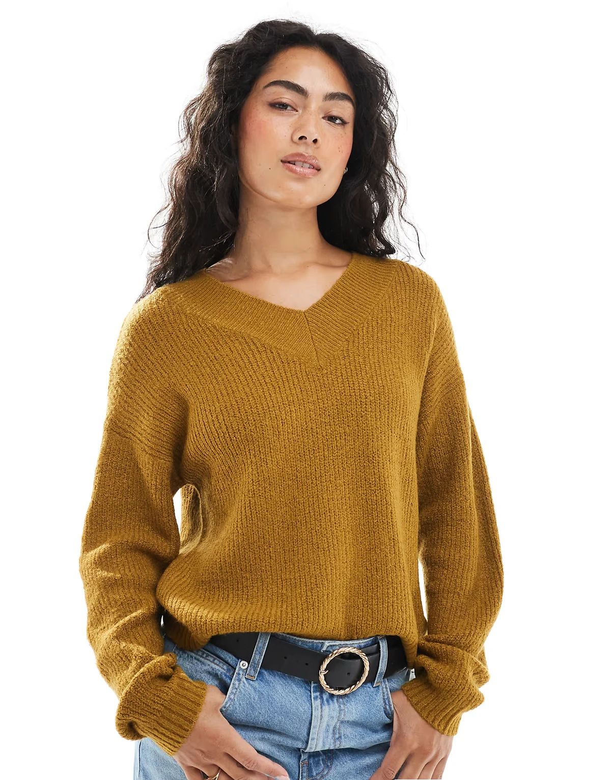 v-neck fisherman knit sweater in olive green