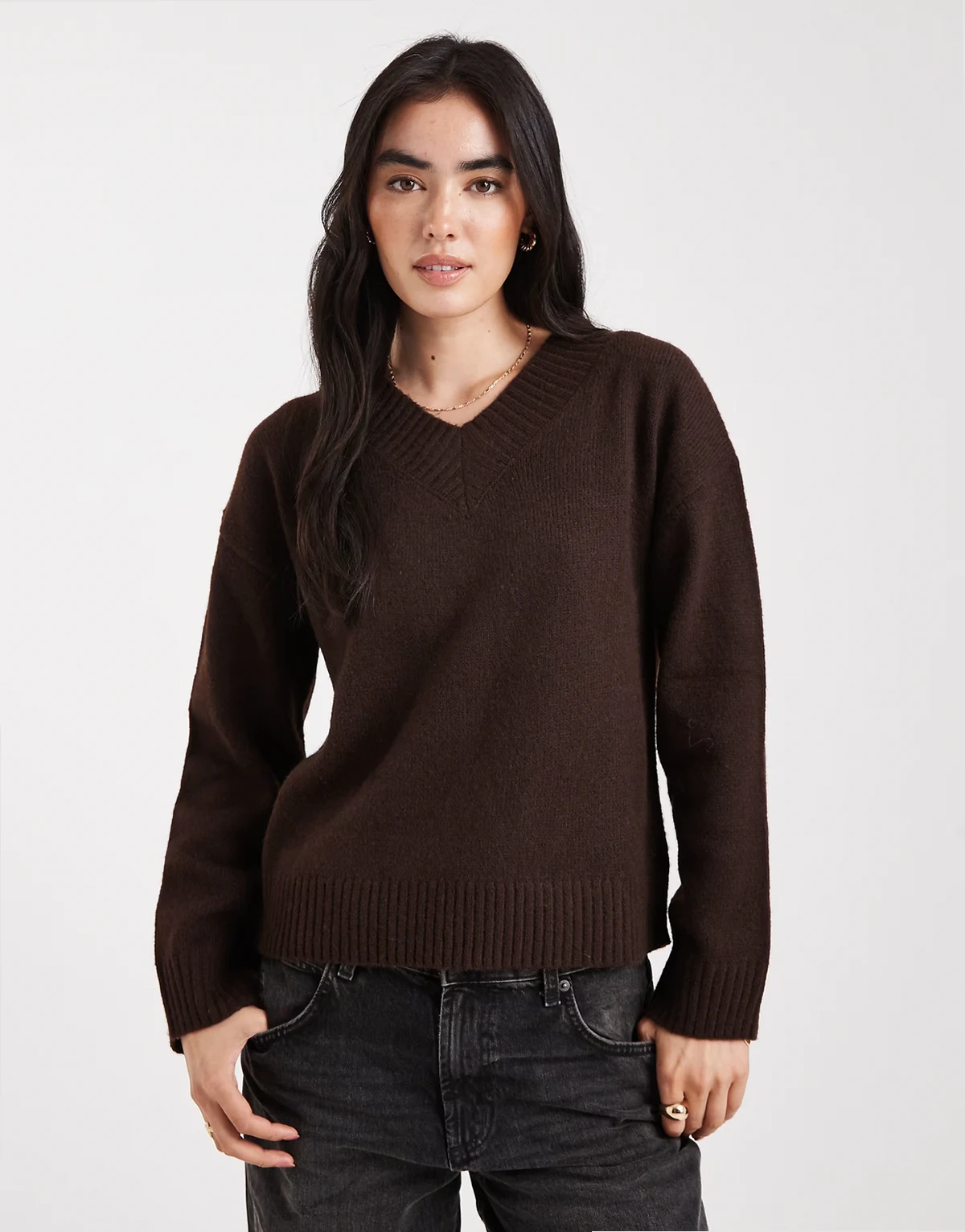 v neck soft touch sweater in brown