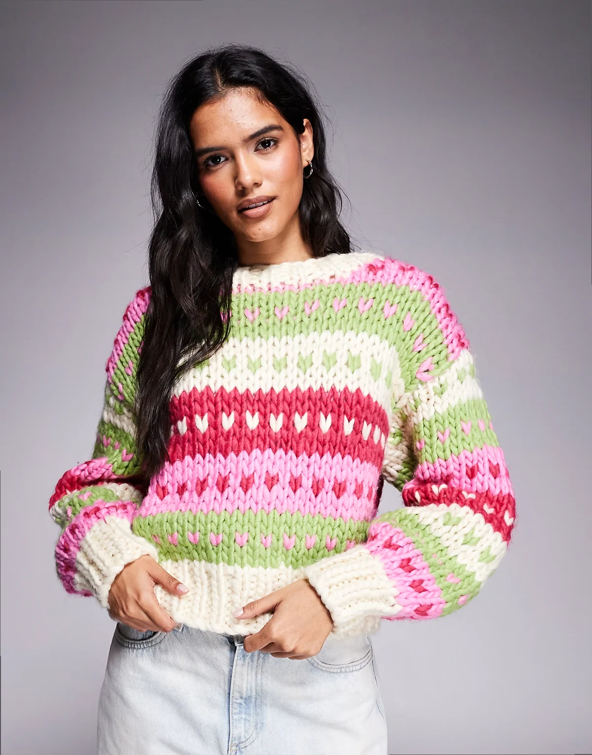 Gingerbread contains wool hand knitted heart fairisle knit sweater in pink & lime