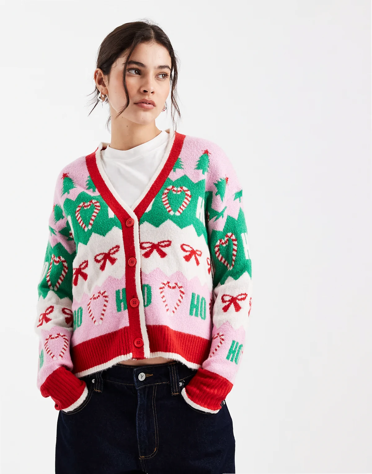 Christmas print cardigan with contrast trim in pink and green