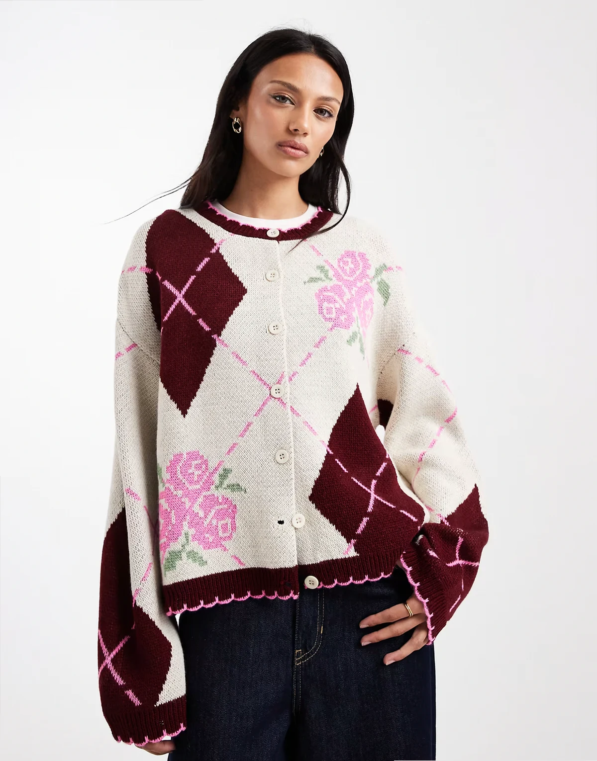 – Strickjacke in Rosa mit Languettenstich und Rautenmuster