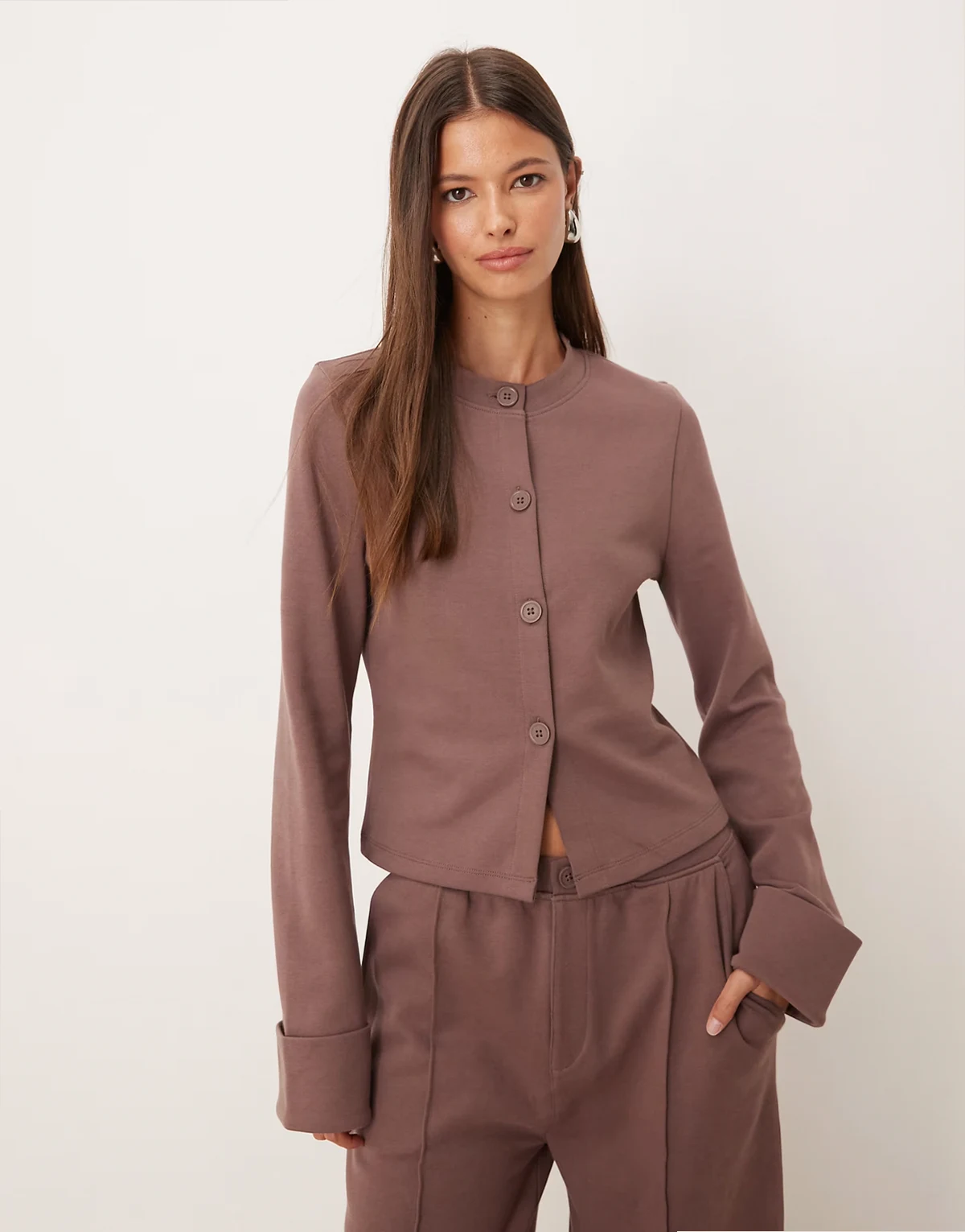 cardi with turnback sleeve detail in brown