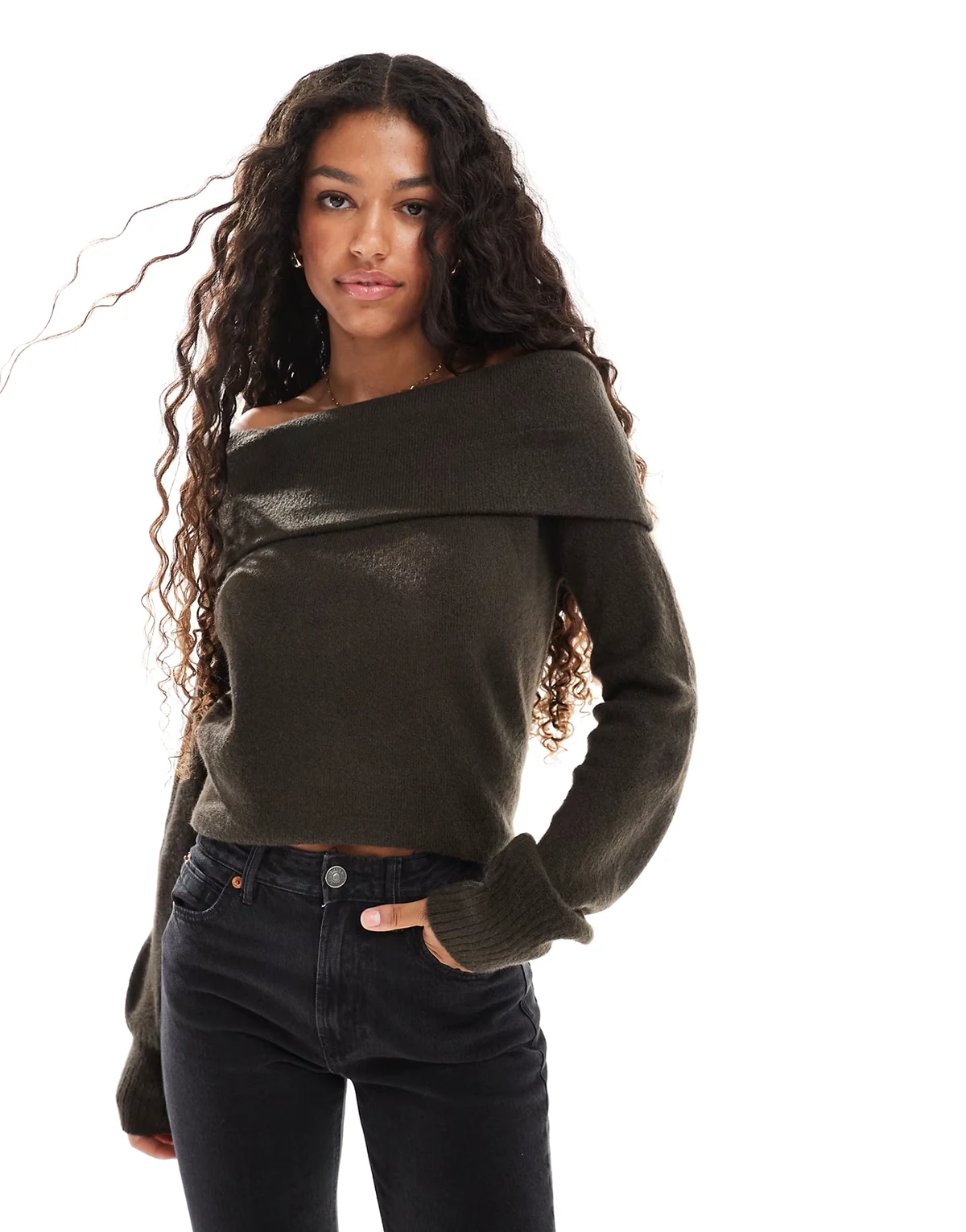 off-shoulder sweater in chocolate brown