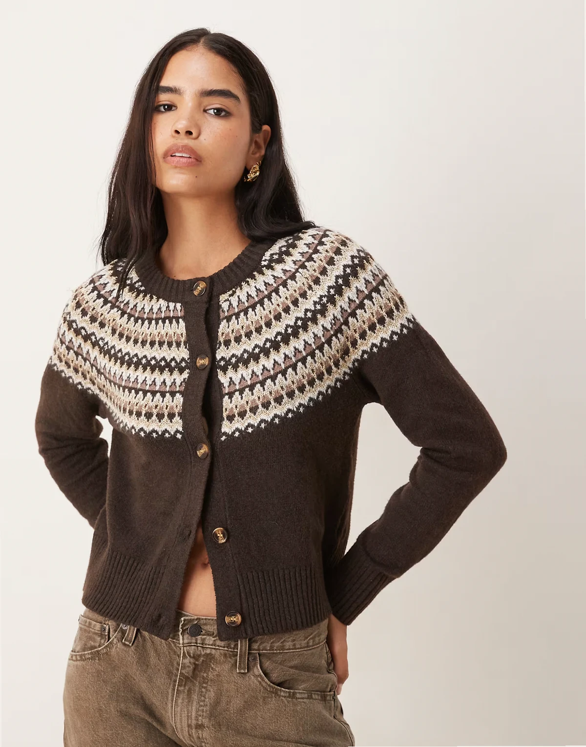 crew neck cardigan with fairisle detail print in brown