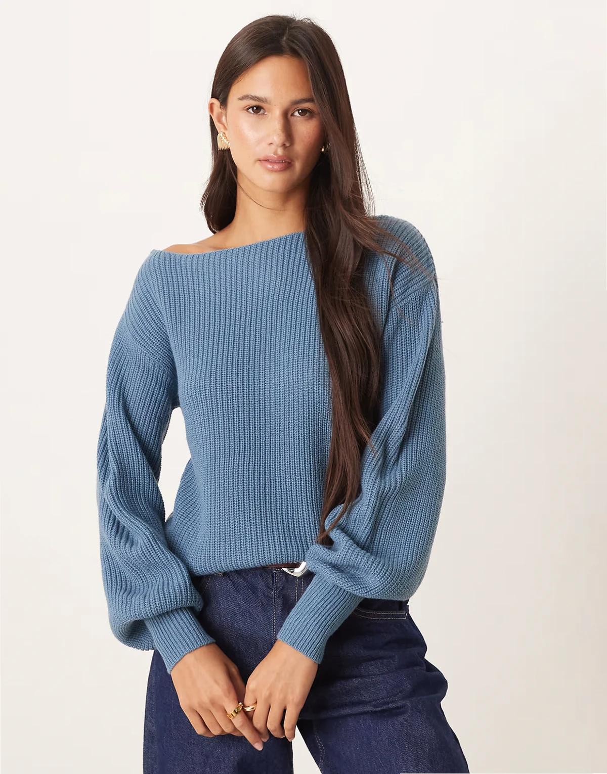 knit boat neck sweater with balloon sleeves in blue
