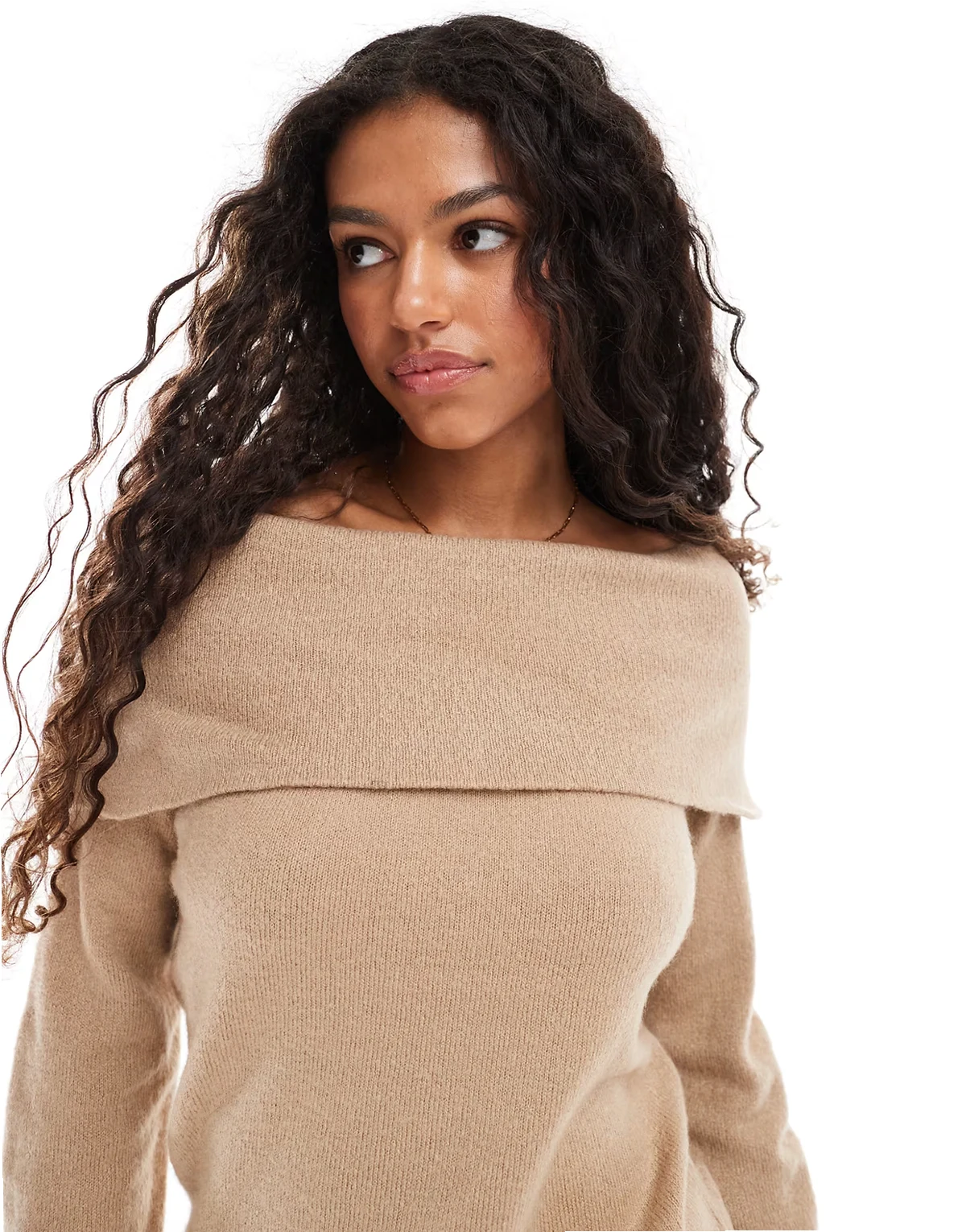 off the shoulder sweater in taupe