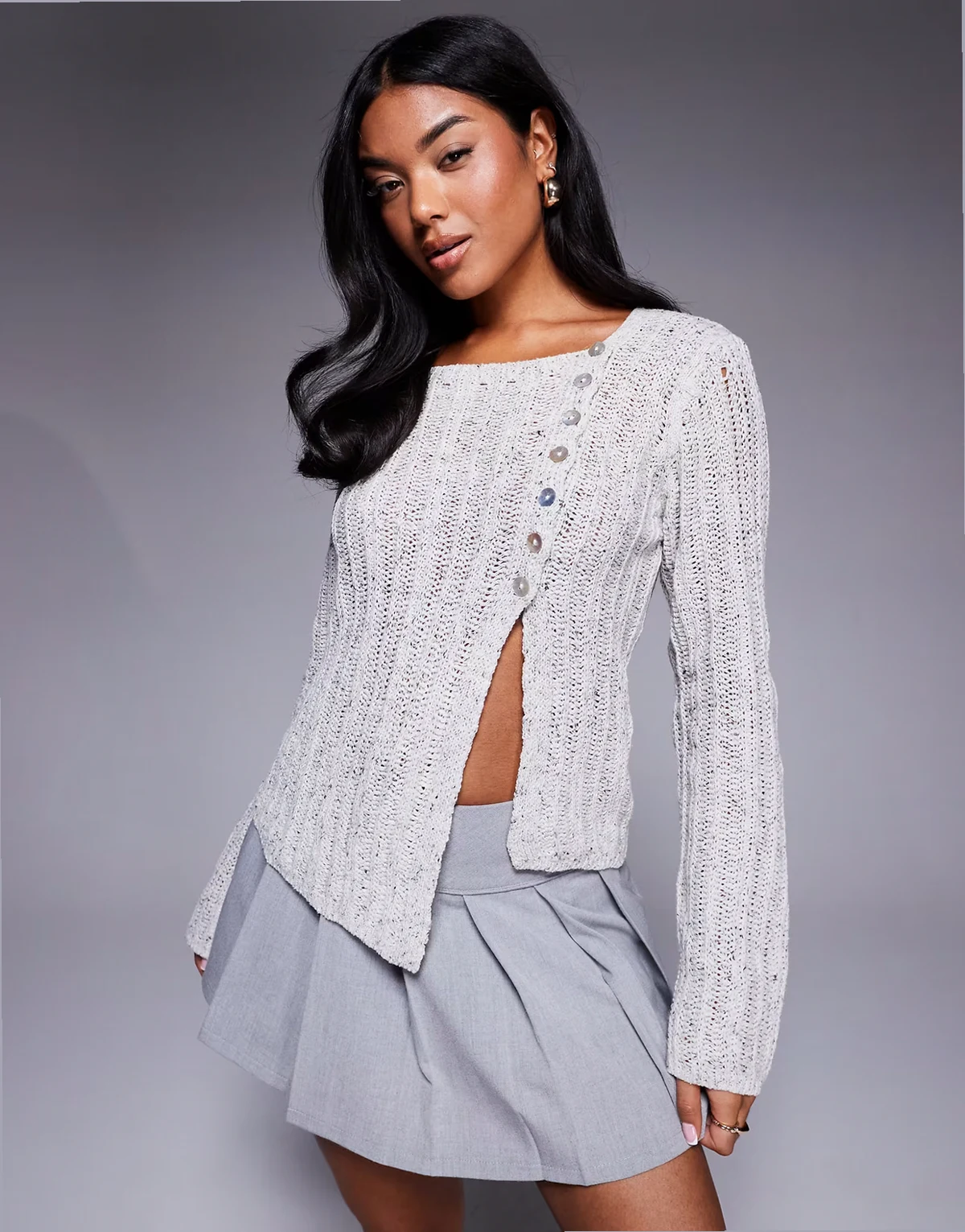 asymmetric button side split cardigan in gray