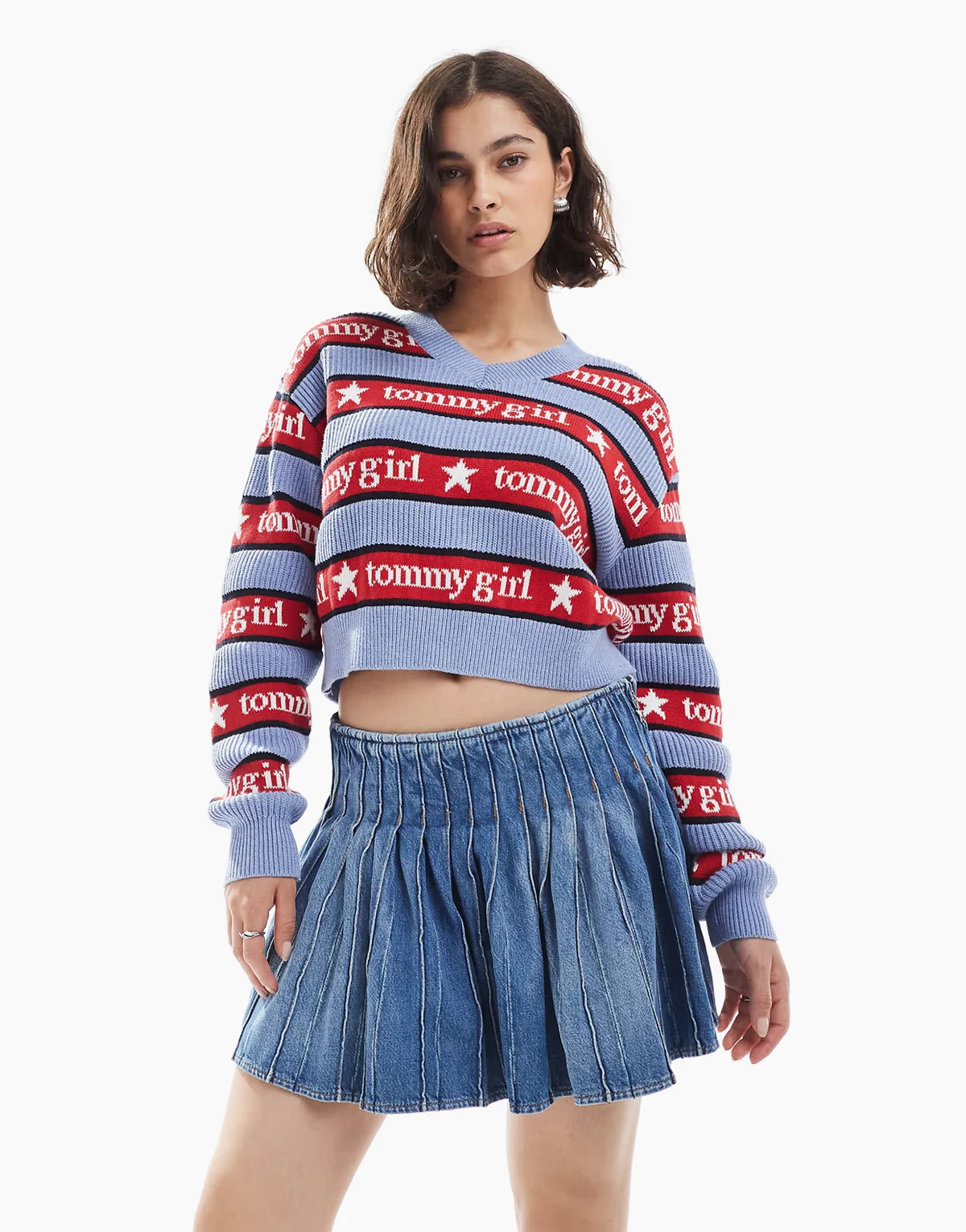 tommy girl stripe v neck sweater in blue and red