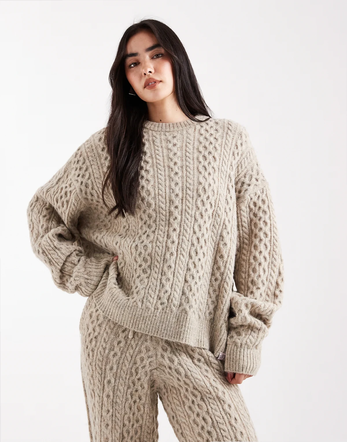 slouchy crew neck cable sweater in gray heather - part of a set