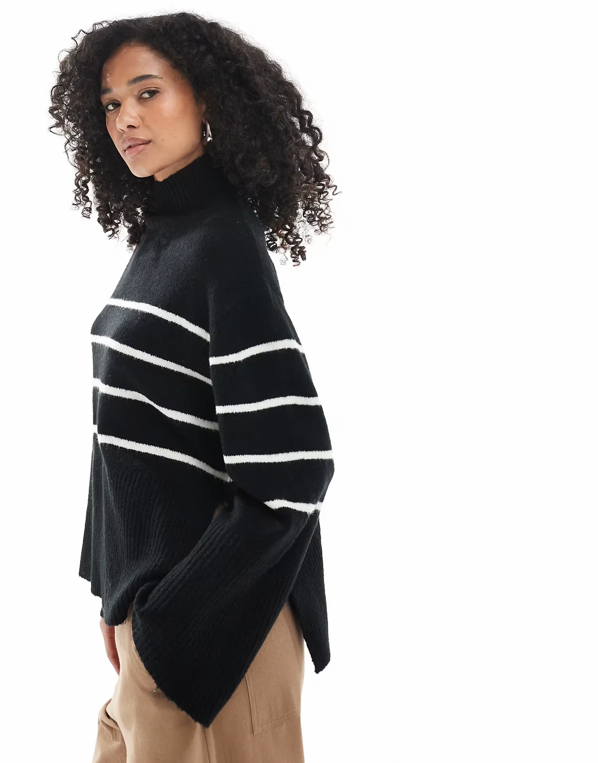 high neck loose fit sweater in black and white stripes