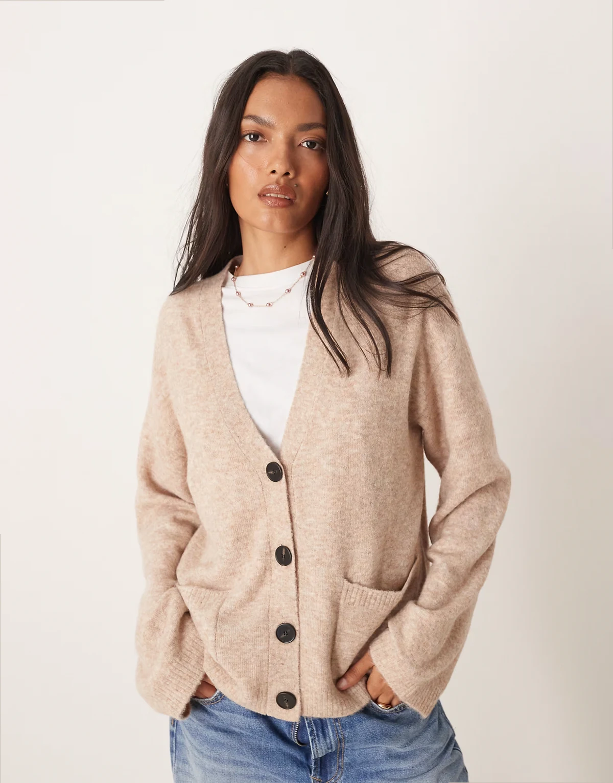 – Oversize-Strickjacke in Rosabeige meliert mit V-Ausschnitt