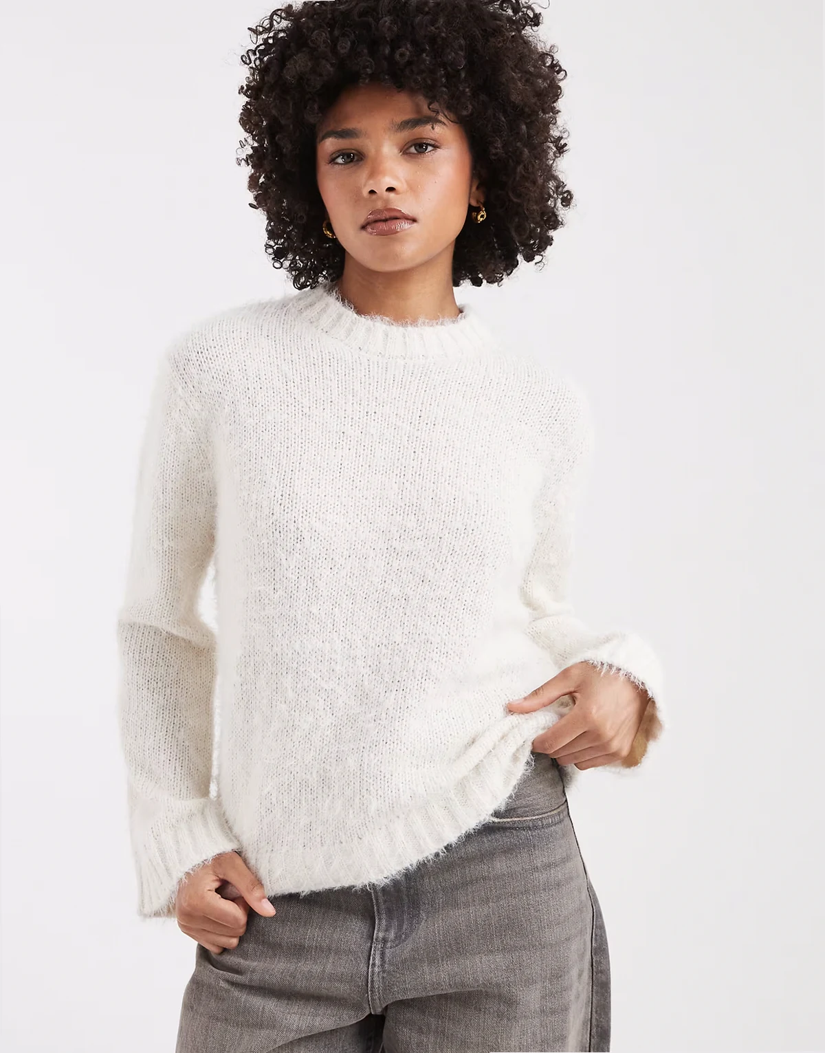 crew neck fluffy soft touch sweater in ecru