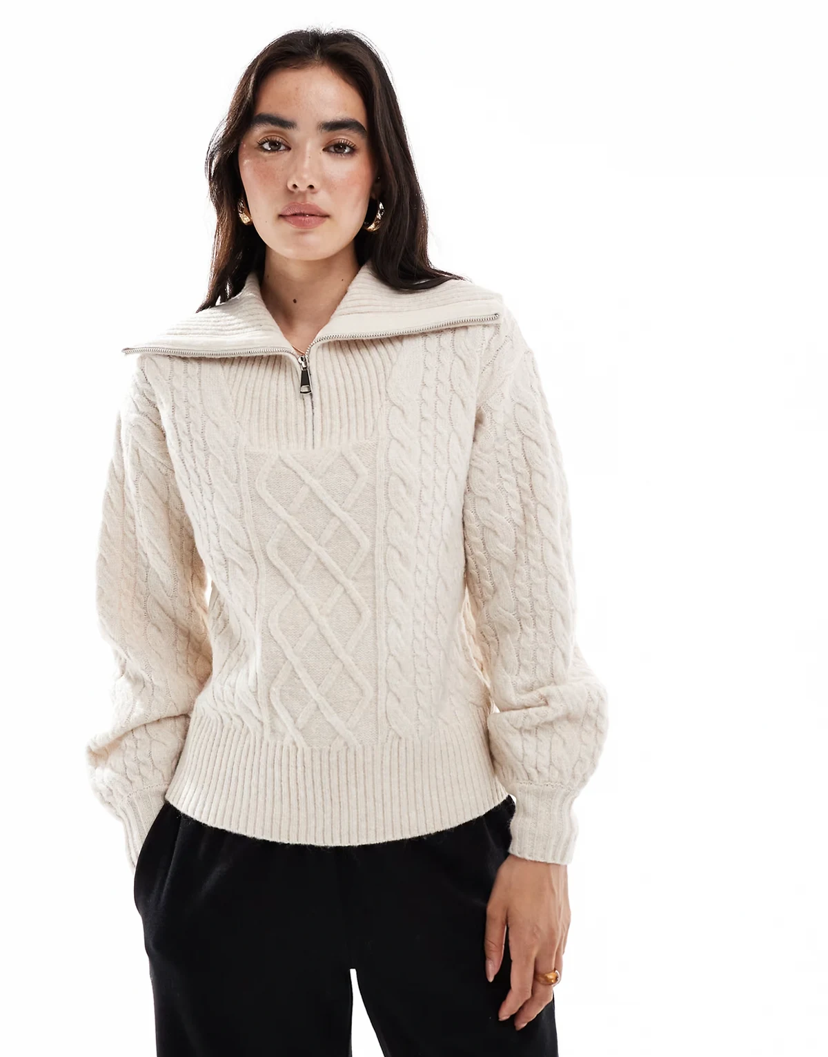 cable knit 1/4 zip sweater with collar in ecru
