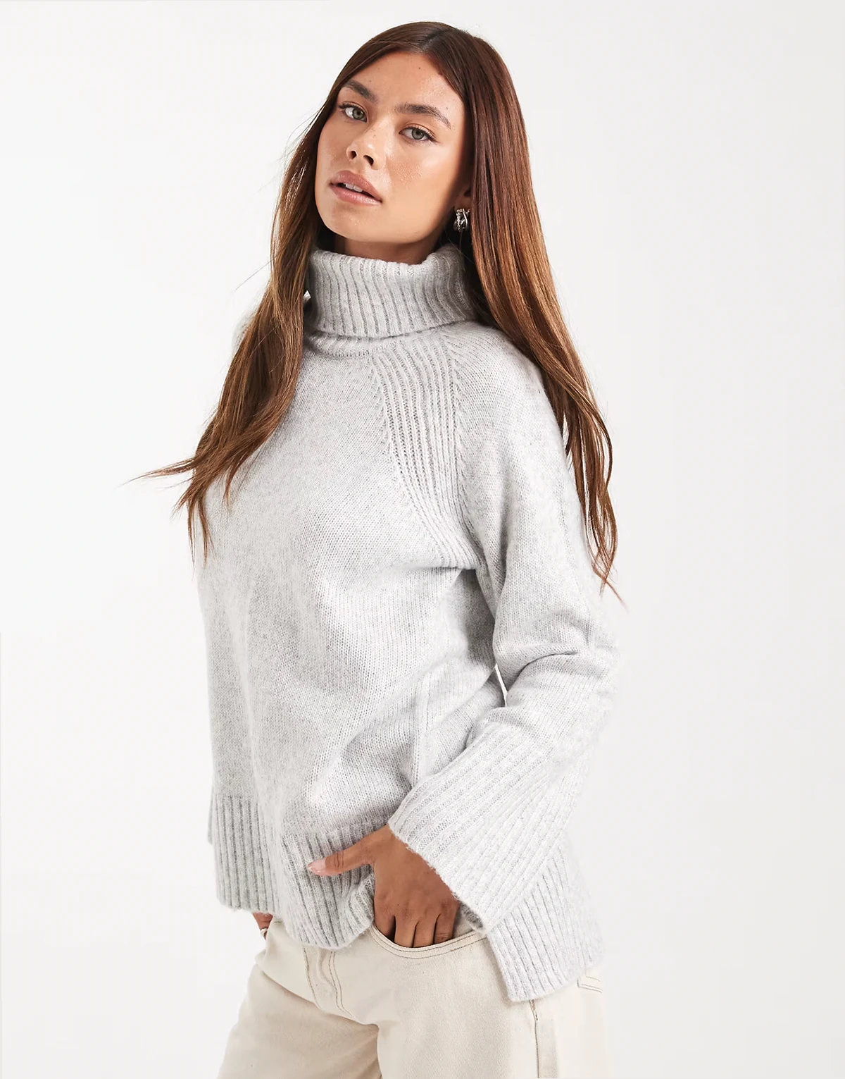 high neck soft touch sweater in light gray
