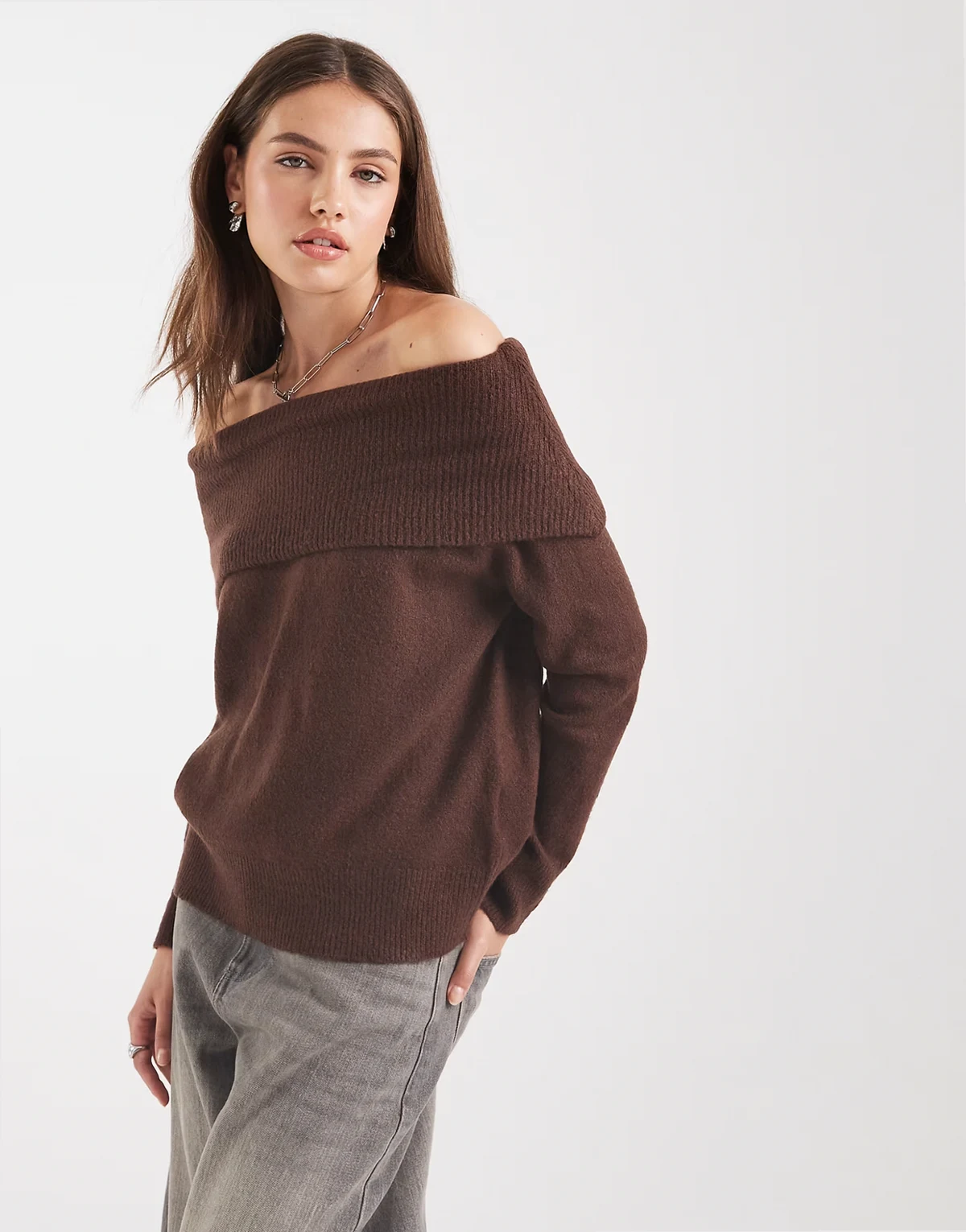 knit off the shoulder sweater in brown