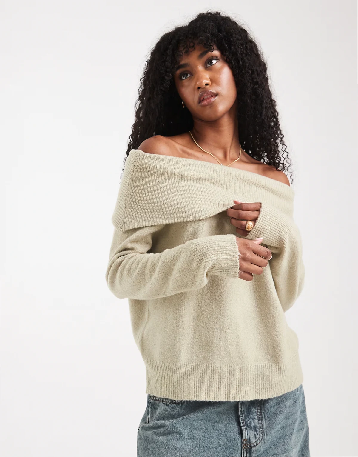knit off the shoulder sweater in sage green