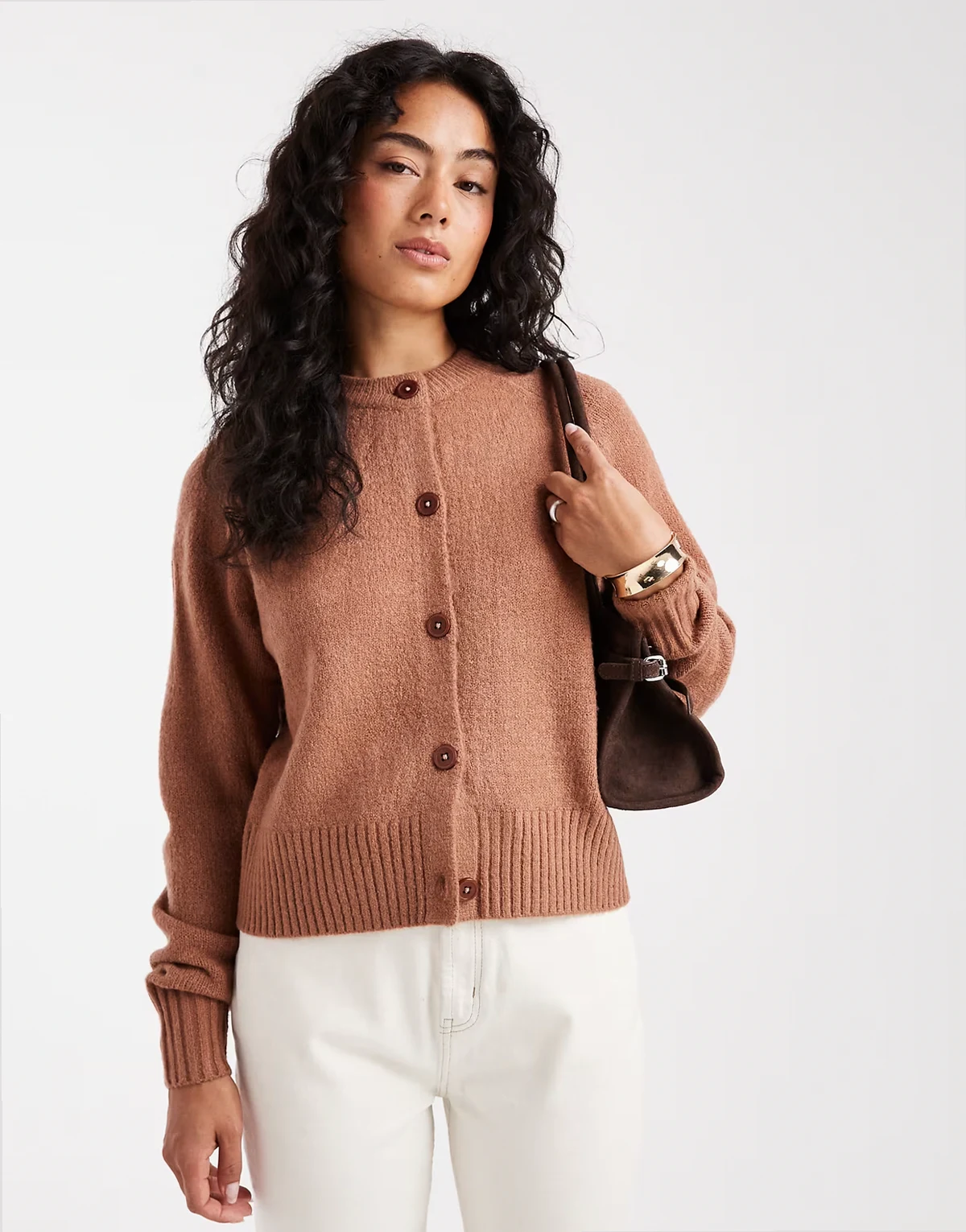 crew neck button up cardigan in mocha mousse