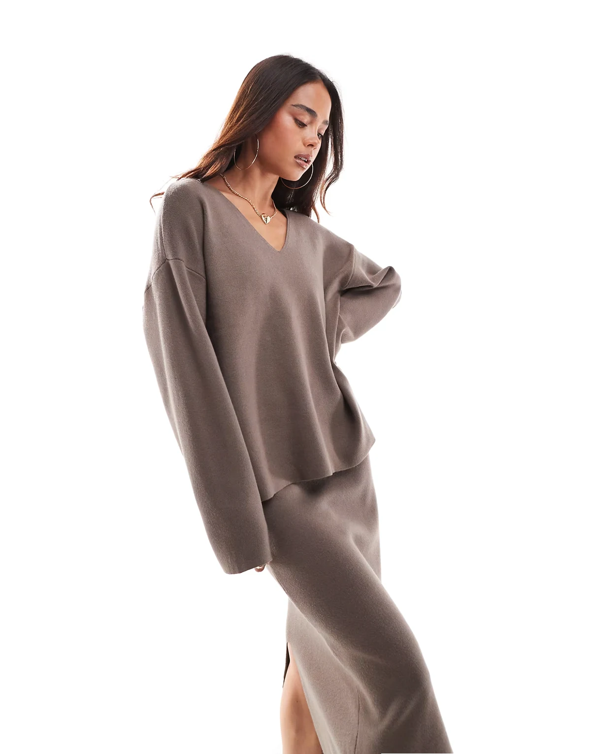 structured v neck sweater in taupe - part of a set