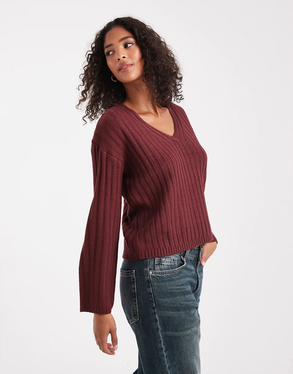 deep v neck ribbed sweater in wine