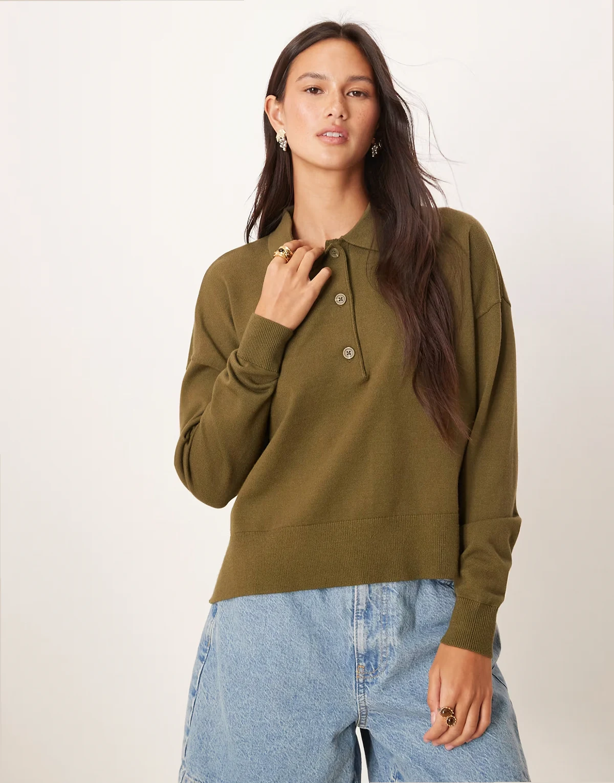 – Dzianinowy top w stylu rugby w kolorze khaki