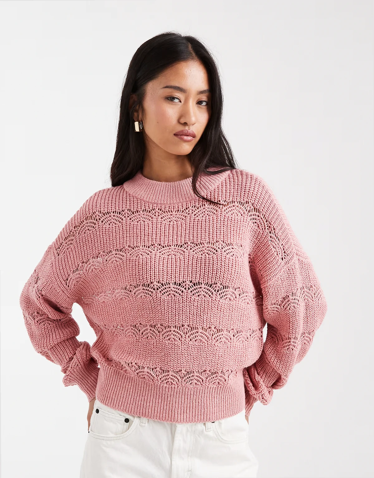 – Grobmaschiger Strickpullover in Rosa
