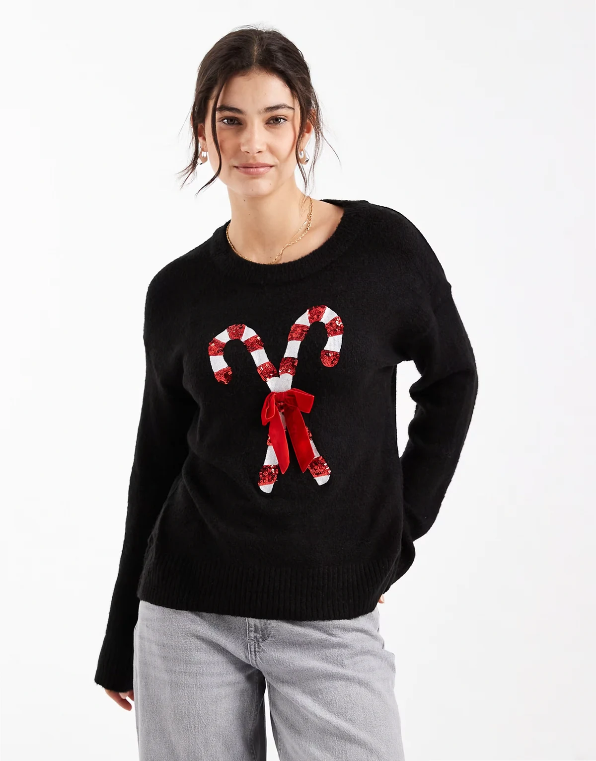 oversized Christmas sweater with sequined candy cane detailing in black