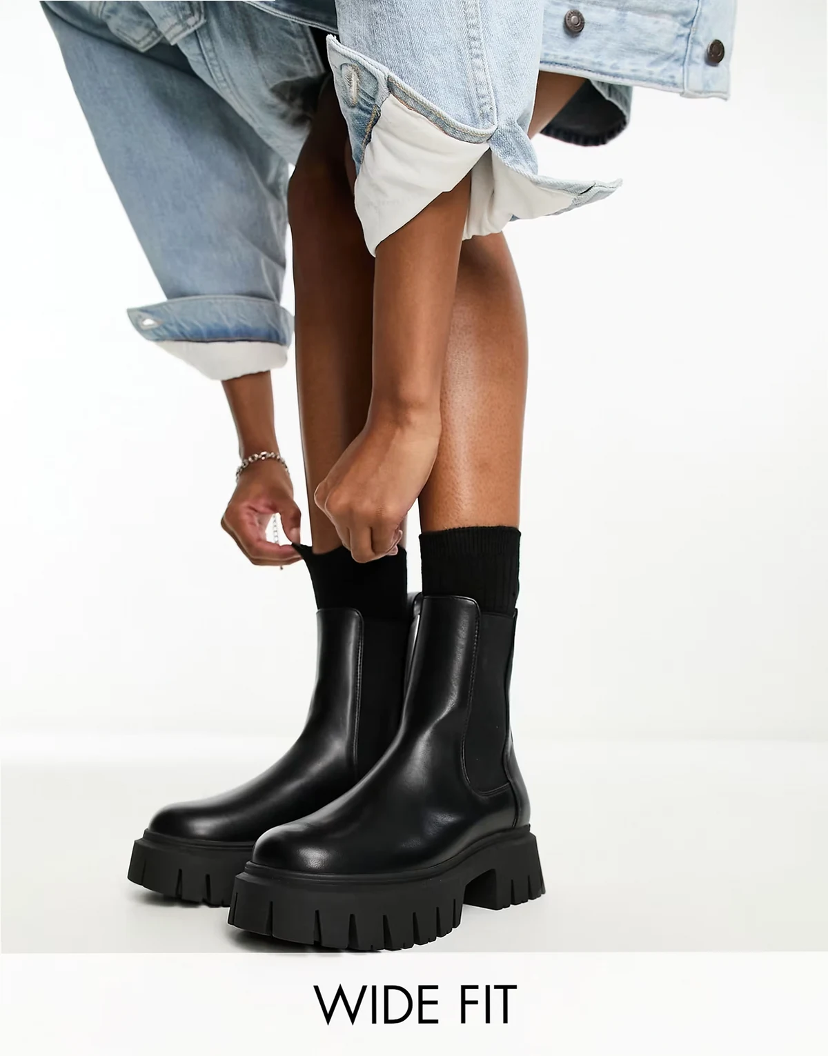 Wide Fit – Anthem – Klobige Chelsea-Stiefel in Schwarz, weite Passform