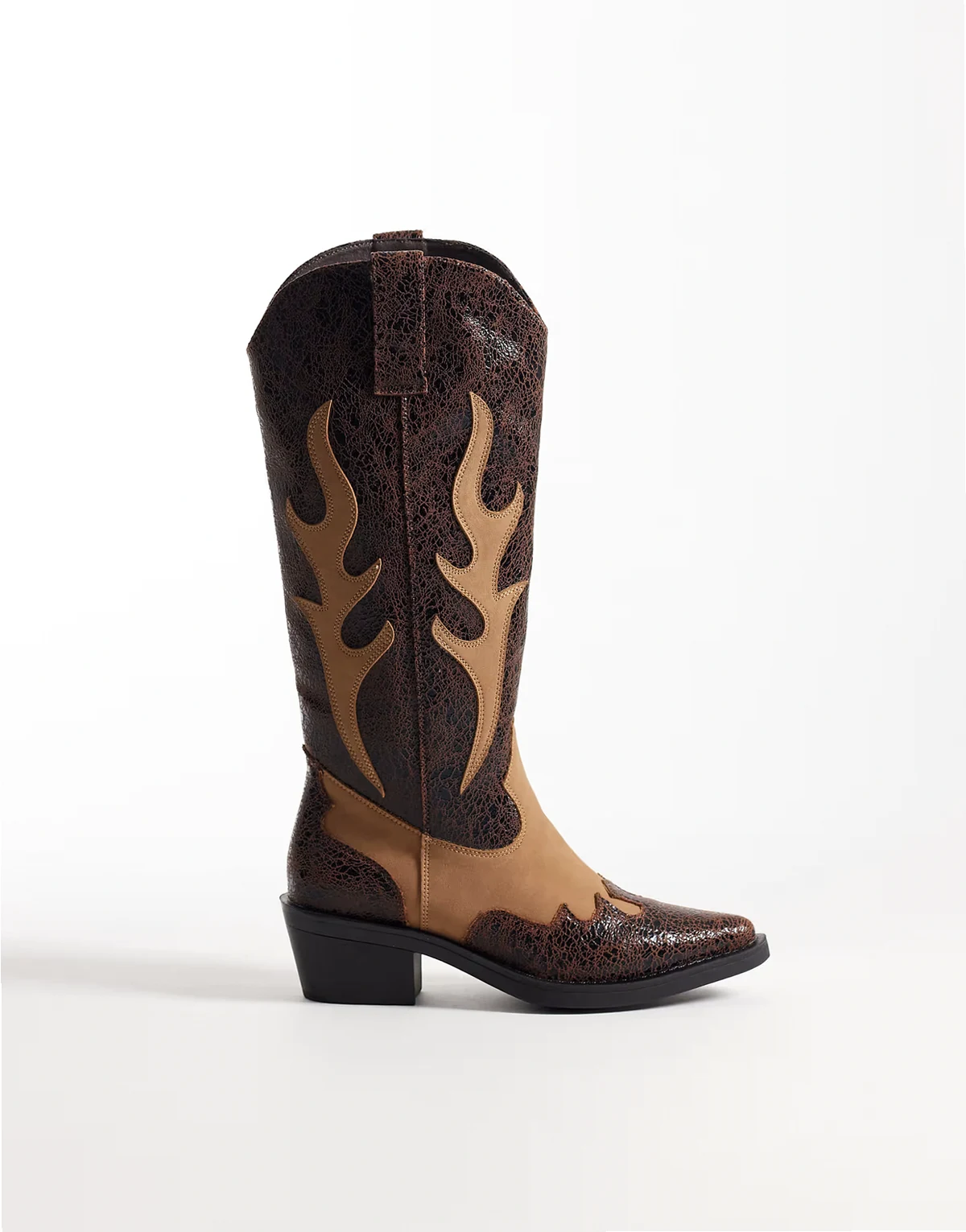 cowboy knee boots in black and tan