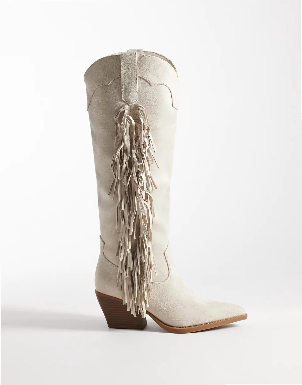 western fringe knee boots in cream suedette