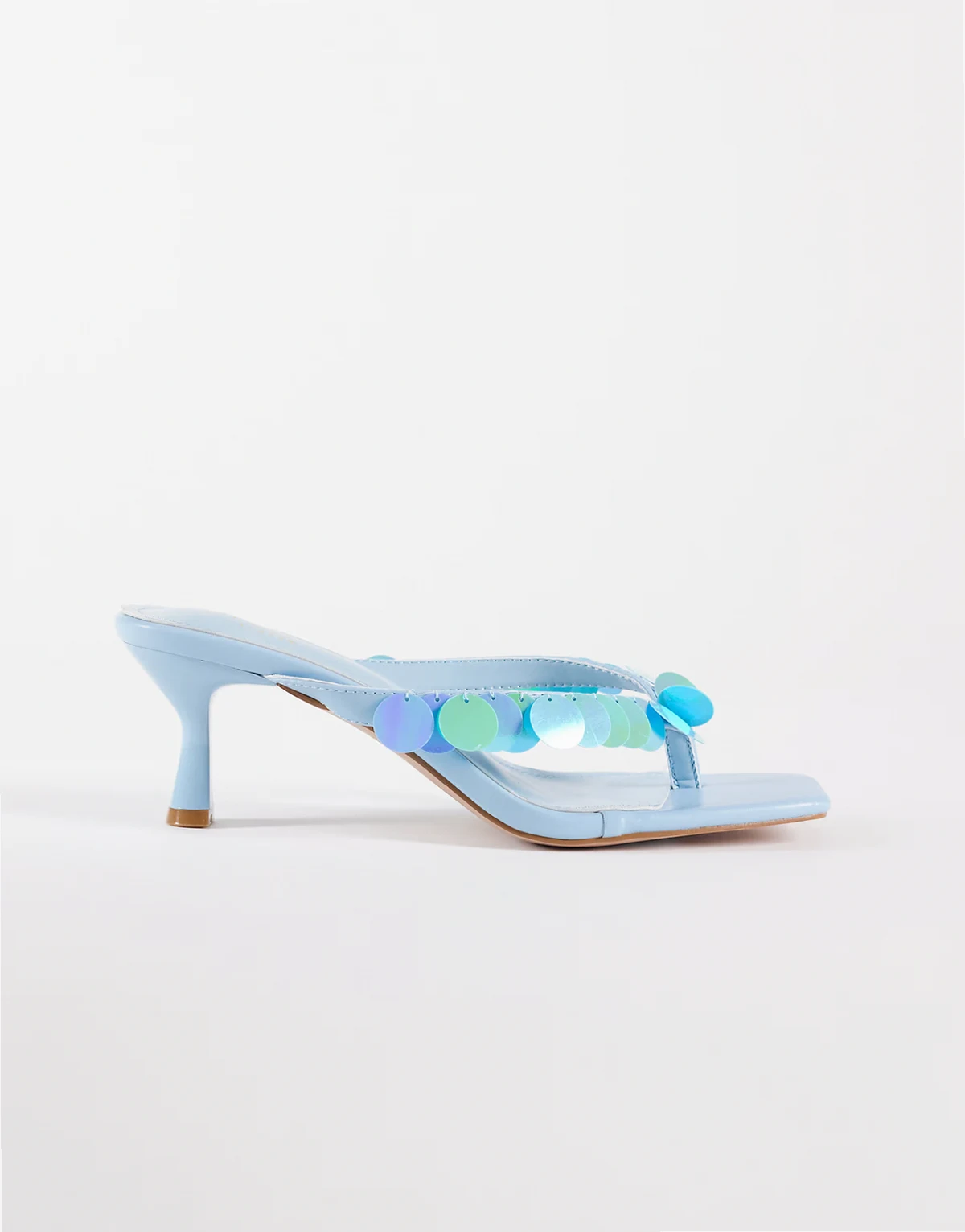 Simmi London Jenny kitten heel flip flop sandals with sequins in blue