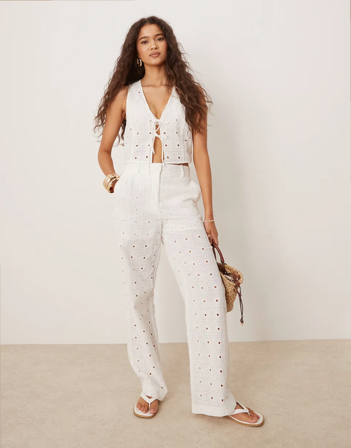 cotton straight leg broderie detail pants in white - part of a set