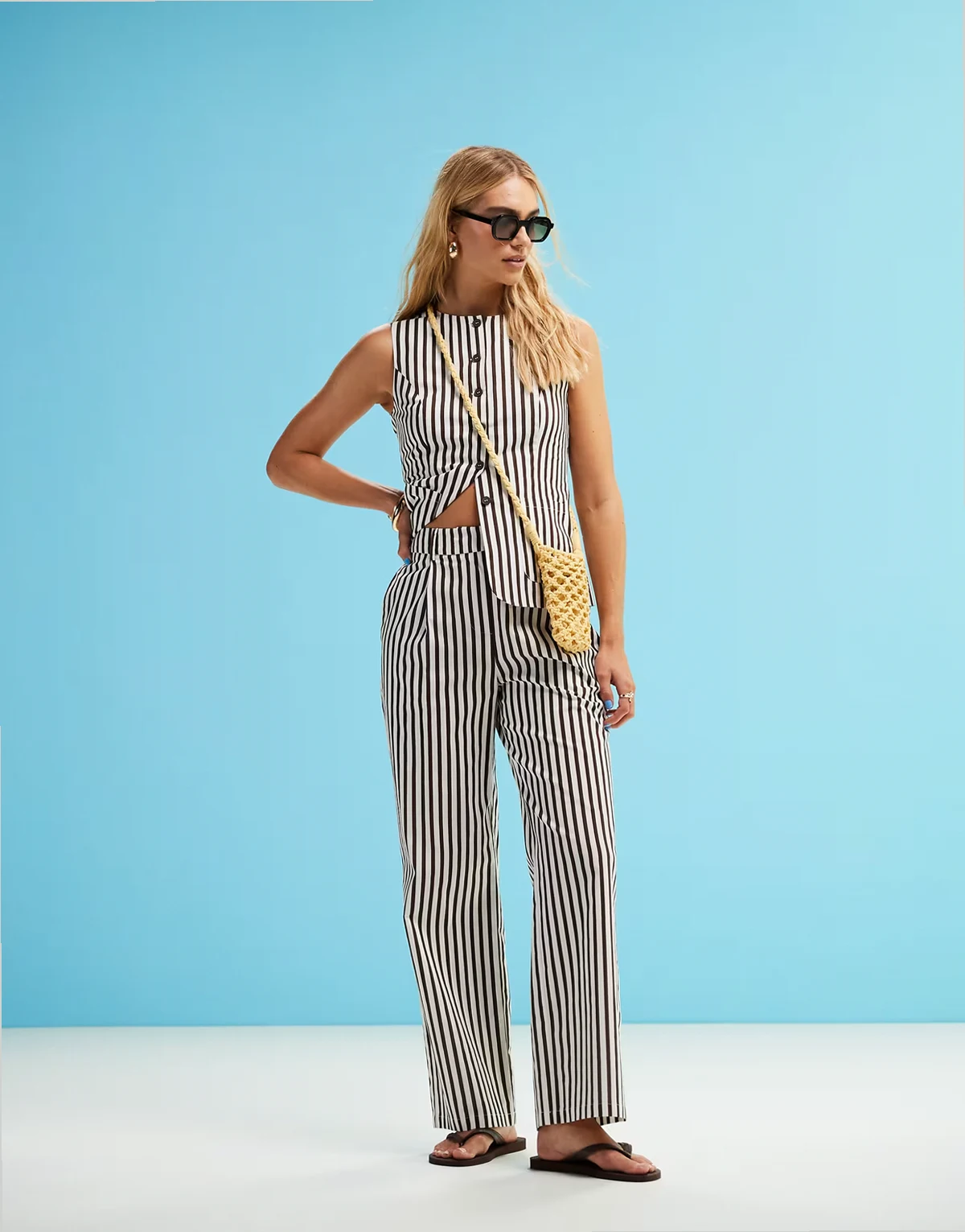 tailored straight leg pants in brown stripe - part of a set