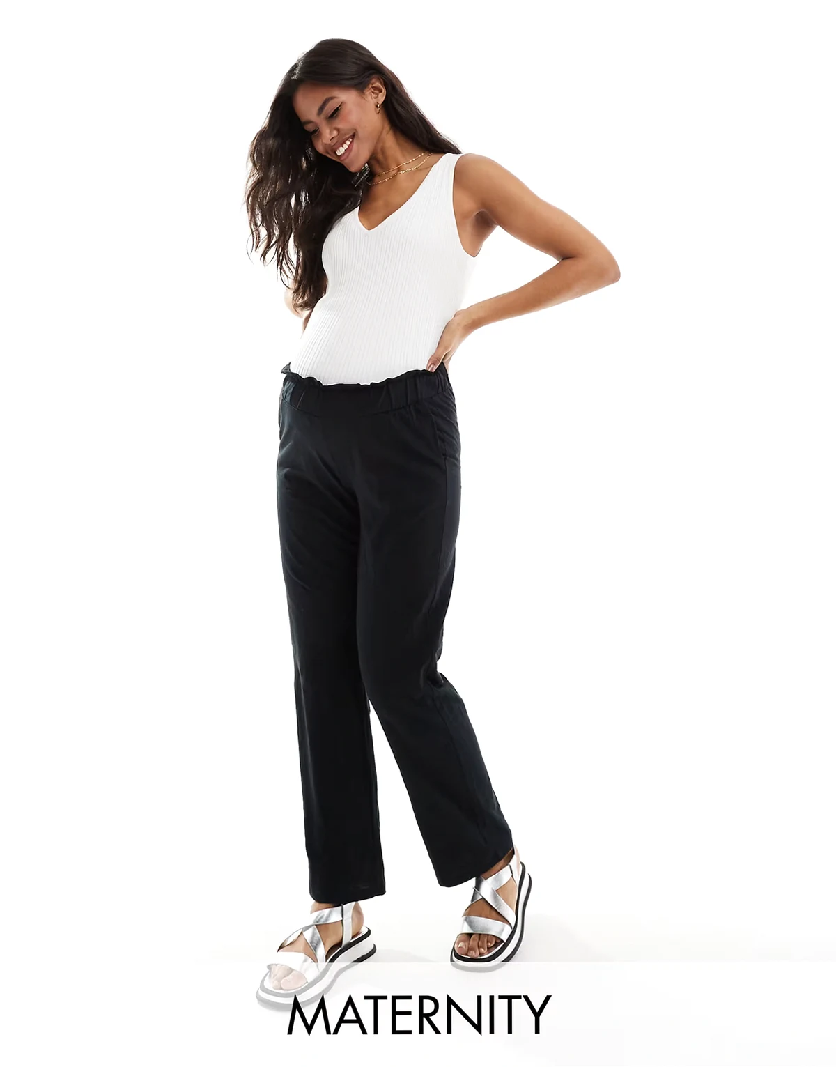 Mamalicious Maternity – Leichte Sommerhose in Schwarz mit weitem Schnitt und Unterbauchbund