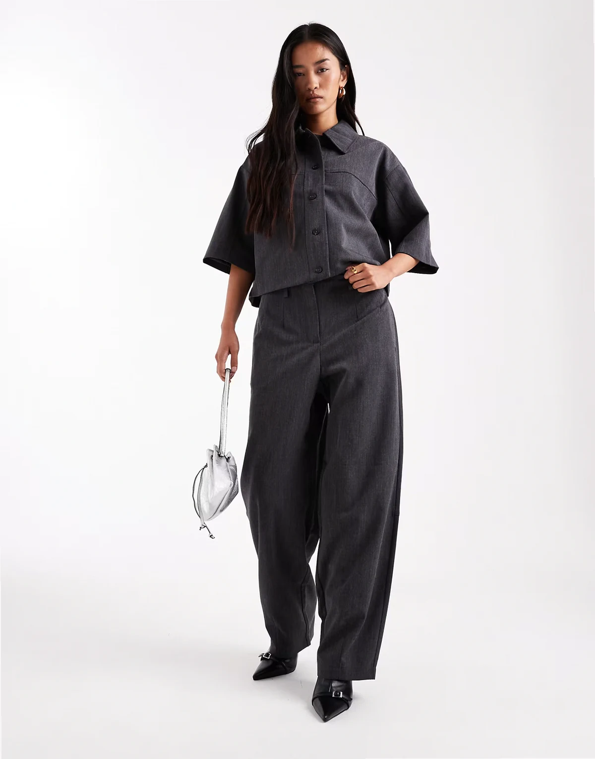 high rise wide leg pants in dark gray melange - part of a set