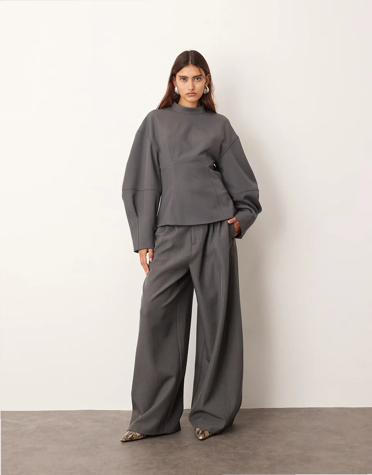 tailored pleated detail wide leg barrel pants in gray - part of a set